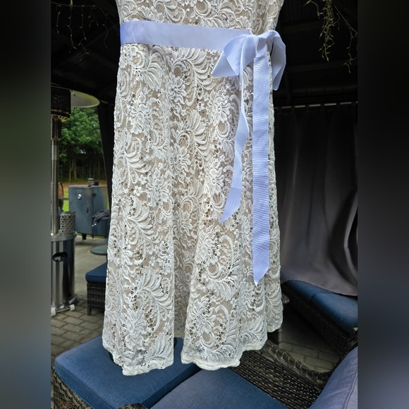 Ashley Stewart by R&M Richards Sequin Ivory Dress Sleeveless Belt Lace NWT 14 - Picture 7 of 12